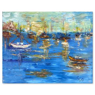 Elliot Fallas, "Lots of Blue" Original Oil Painting on Canvas, Hand Signed with Letter of Authenticity.
