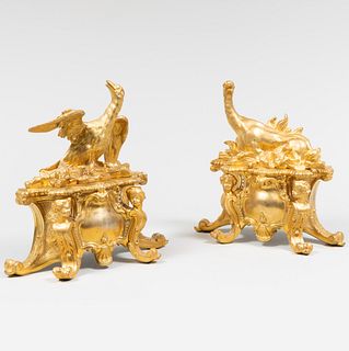 Pair of Régence Style Gilt-Bronze Chenets, One a Phoenix, the Other a Salamander