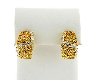 18K Gold Diamond Yellow Sapphire Half Hoop Earrings