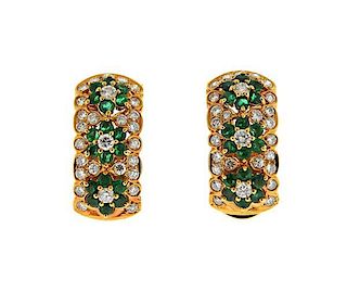 18K Gold Diamond Green Stone Half Hoop Earrings