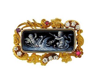 Antique 18k Gold Diamond Red Stone Miniature Painting Brooch