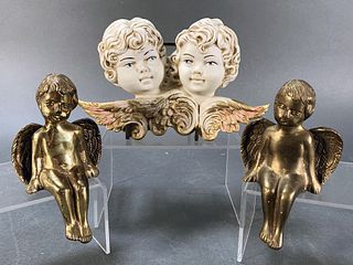 CAPODIMONTE ANGELS & TWO BRASS ANGEL SHELF SITTERS