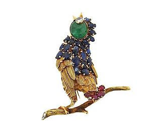 1960s 18K Gold Diamond Multi Color Stone Bird Brooch