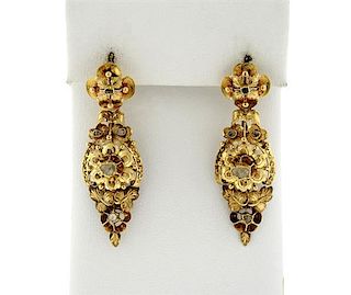 Antique 18k Gold Flower Diamond Drop Earrings