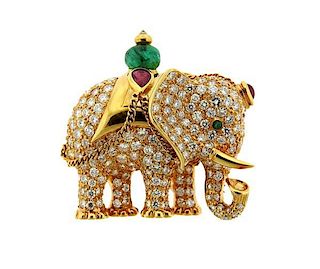 18k Gold Diamond Emerald Elephant Brooch Pin