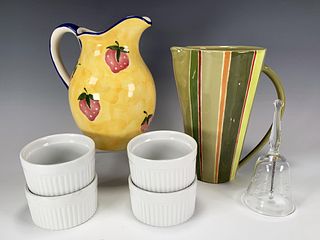TWO HAND PAINTED PITCHERS, FOUR RAMEKINS, & GLASS BELL