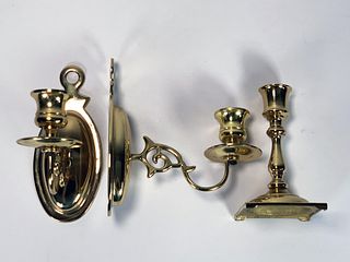 PAIR OF BRASS SCONCES & CANDLESTICK HOLDER