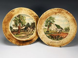 2 CANADIAN HAND PAINTED SIGNED STONEWARE PLATES