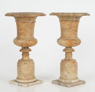 Pair of Carved Alabaster Campana Form Urns