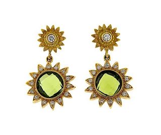 Bielka 18k Gold Diamond Green Gemstone Sunflower Earrings