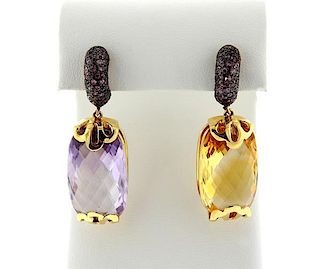 18k Gold Purple Orange Gemstone Drop Earrings