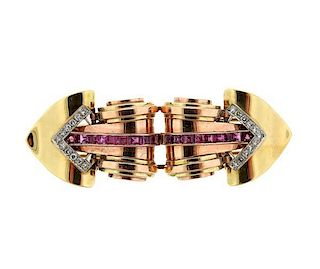 Tiffany &amp; Co Retro 14k Gold Diamond Brooch Clip Set
