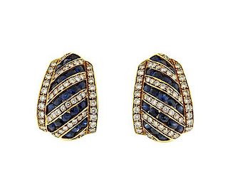 18k Gold Diamond Blue Stone Half Hoop Earrings