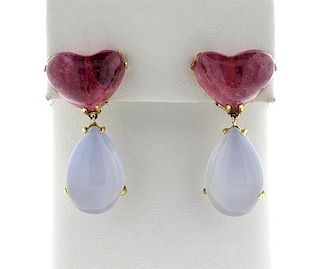 14k Gold Pink Purple Stone Drop Earrings