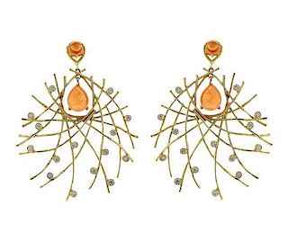 Funky 14K  Gold Diamond Orange Stone Earrings