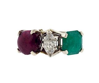 14k Gold Ruby Emerald Diamond Ring