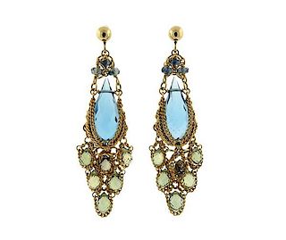 18k Gold Blue Green Stone Drop Earrings