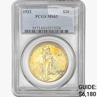 1922 $20 Gold Double Eagle PCGS MS63 