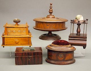 5 antique spool caddys/sewing boxes