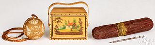 Sewing ball, dated 1792, box and needle case