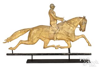 Full-bodied copper horse and rider weathervane