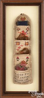 Silk on linen roll up sewing pocket, dated 1830