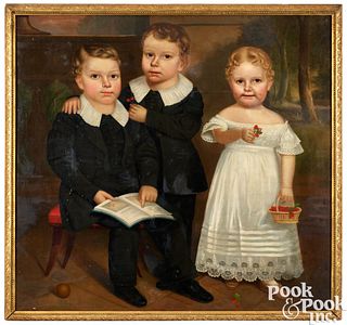 American oil on canvas portrait of three children