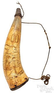 Scrimshaw powder horn, 19th c.