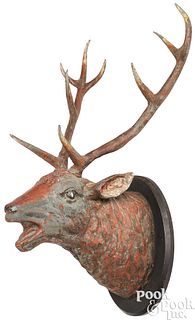 Painted zinc stag head plaque, ca. 1900