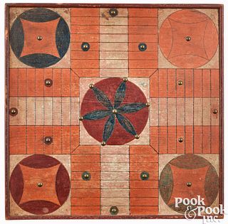 Painted pine Parcheesi gameboard, late 19th c.