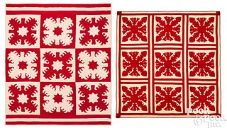 Two red and white Hawaiian variant appliqué quilts
