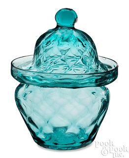 Aqua glass pattern molded sugar bowl and cover