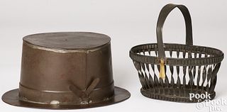 Tin anniversary top hat and basket, 19th c.