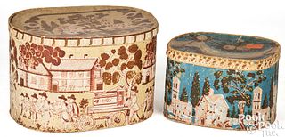 Two wallpaper hat boxes, 19th c.