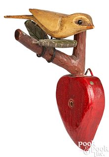Carved and painted bird on heart perch, ca. 1900