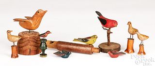 Collection of nine carved and painted birds