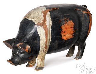 Large carved and painted pine pig, mid 20th c.