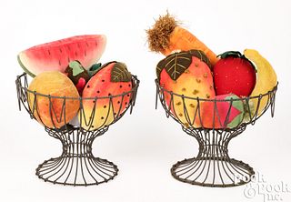 Two wire compotes, assorted felt fruit pincushions