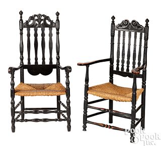 Two New England painted banister back armchairs
