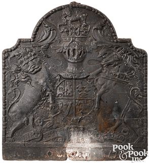 Large English cast iron fireback, 18th c.
