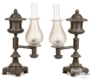 Pair of bronze argand lamps, ca. 1830