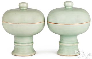 Pair of Chinese covered celadon stem bowls, covers