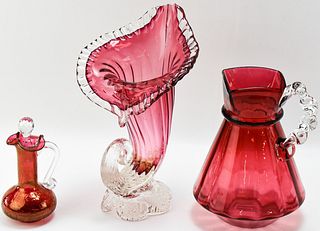 VICTORIAN HAND BLOWN CRANBERRY GLASS VASE, PITCHER & CRUET