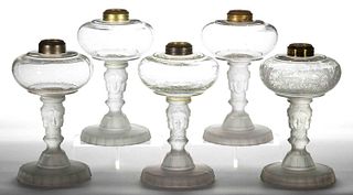 L. G. WRIGHT THREE-FACE GLASS KEROSENE STAND LAMPS, LOT OF FIVE