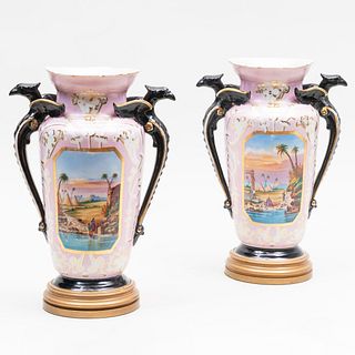 Pair of Paris Porcelain Pink and Black Ground Vases Mounted as Lamps