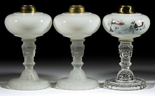 L. G. WRIGHT OPAL THREE-FACE GLASS KEROSENE STAND LAMPS, LOT OF THREE