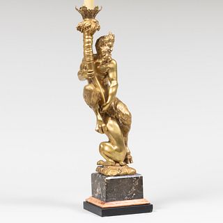 Continental Gilt-Bronze and Marble Satyr and a Jaguar Lamp