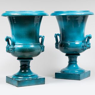 Pair of Turquoise Glazed Earthenware Campagna Form Urns