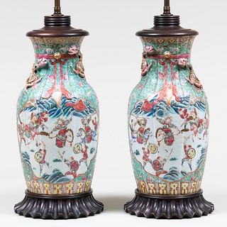 Pair of Chinese Famille Rose Porcelain Vases Mounted as Lamps