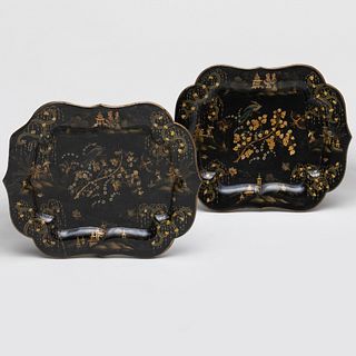 Pair of Victorian Parcel-Gilt and Polychrome Decorated Papier Mâché Trays on Later Stands
